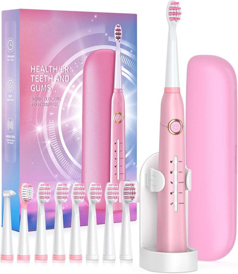 TEETHEORY Sonic Electric Toothbrush for Adults, Power Electric Toothbrush with 8 Brush Heads, Travel Case, 40000 VPM Deep Clean 5 Modes, Rechargeable Toothbrushes Fast Charge 4 Hours Last 30 Days, Pink - Image 1